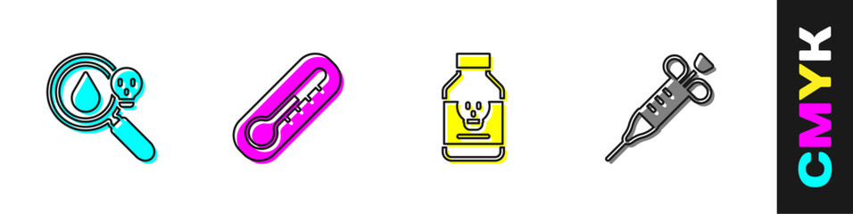 Set Poison magnifying glass, Thermometer, Poisoned pill and Syringe icon. Vector