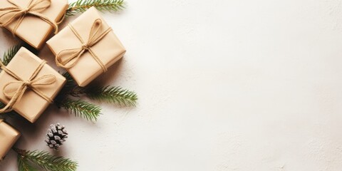 Merry Christmas and Happy new year. Festive background flat lay top view with gift boxes and festive decorative elements. Christmas gift box view from above, space for text