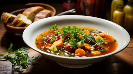a steaming bowl of hearty vegetable soup, with vibrant vegetables, fragrant herbs, and a drizzle of olive oil