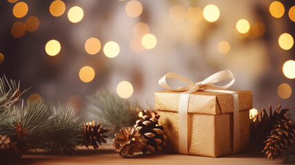 Fototapeta na wymiar gift boxes and christmas decoration on blurred background