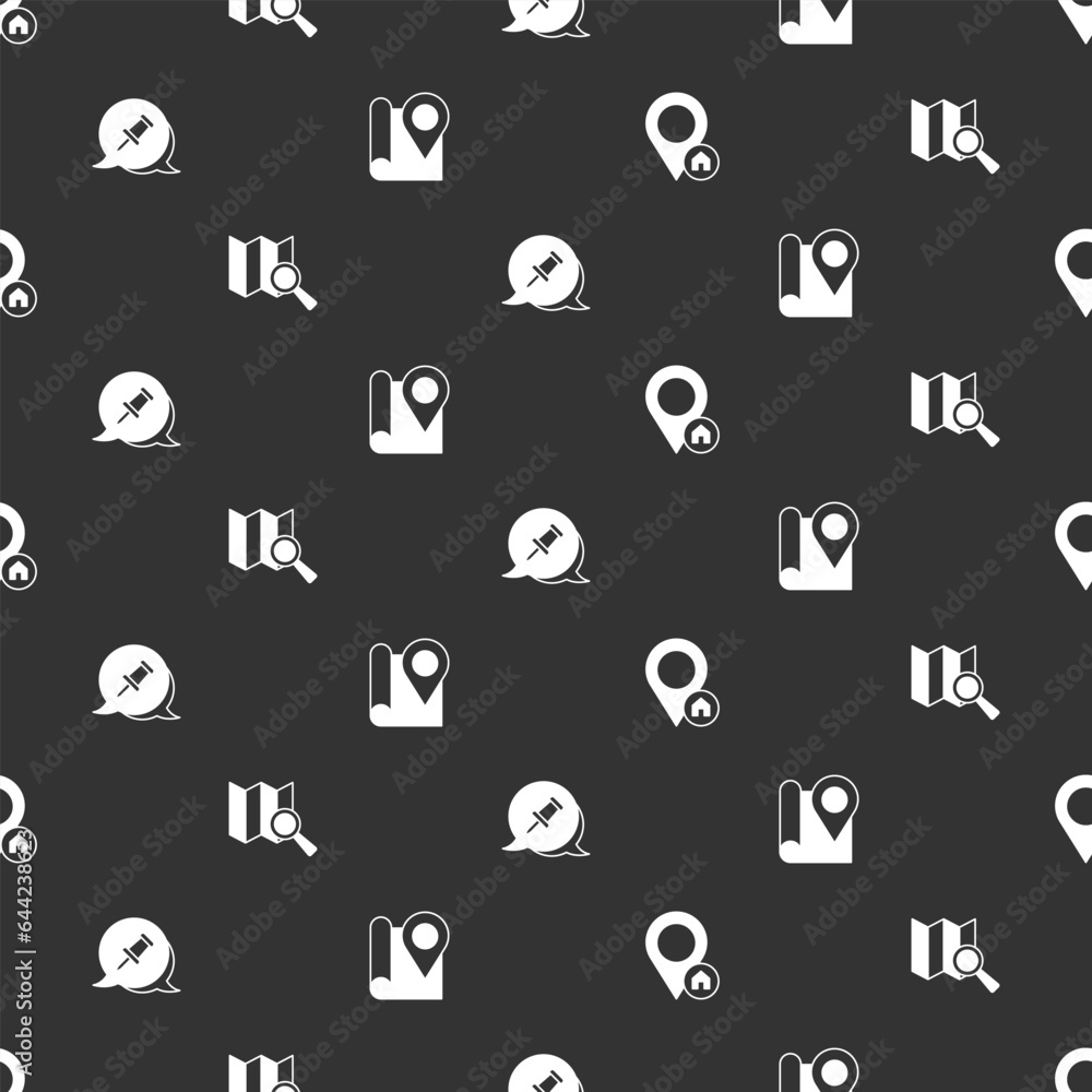 Poster set location with house, search location, push pin and folded map marker on seamless pattern. vector