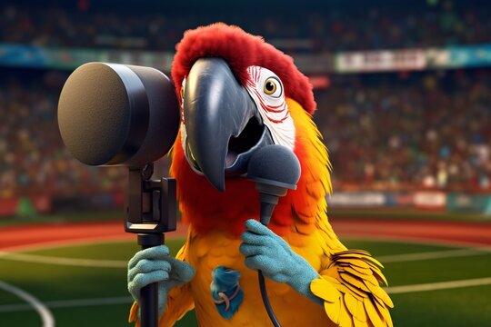 Cartoon parrot with microphone on a soccer stadium background. Parrot commentating on a football match. Portrait of a parrot with headphones on the background of a football stadium. 3D render
