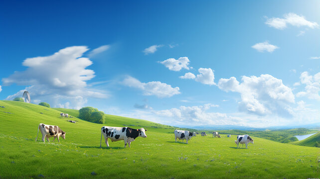a herd of cows graze in a green meadow.