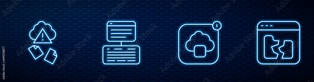 Poster set line cloud technology data transfer, hacking, server, data, web hosting and broken file. glowing