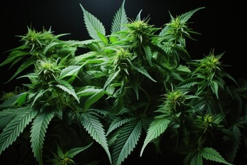Cannabis plant close up. Growing cannabis indica. Green background of leaves. Medical Cannabis Concept with a copy space.