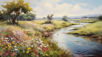 a tranquil scene of a meandering riverbank adorned with a profusion of wildflowers, creating a picturesque landscape