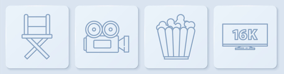 Set line Director movie chair, Popcorn in box, Cinema camera and Screen tv with 16k. White square button. Vector
