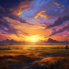 a vast plain at sunset, with golden fields stretching to the horizon and a tapestry of colors in the sky