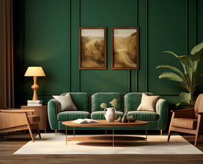 Modern living room interior with the sofa and green background for Zoom video conference