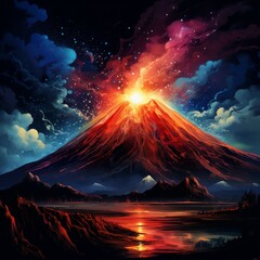 an awe-inspiring artwork featuring a majestic volcano against a starry night sky, with a fiery eruption illuminating the darkness