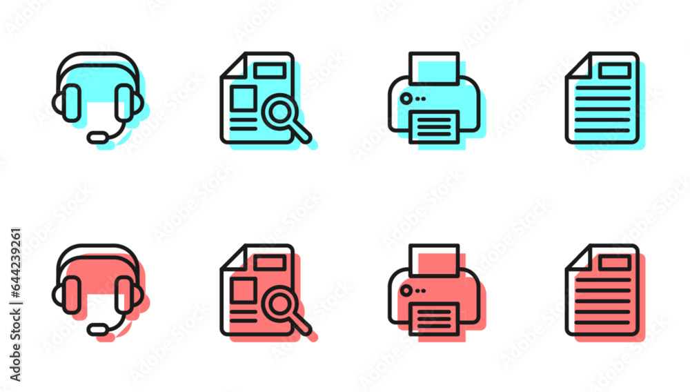 Poster set line printer, headphones, document with graph chart and file document icon. vector