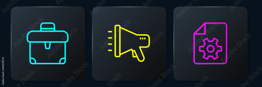 Poster set line briefcase, document settings and megaphone. black square button. vector