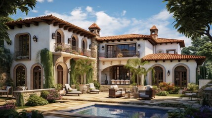 an elegant Mediterranean-style villa with terracotta roofs and a picturesque courtyard 