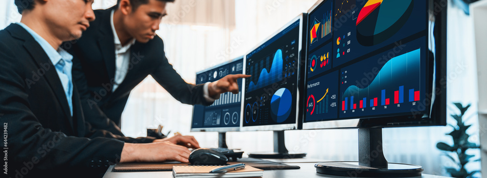 Poster analyst working on data analysis or bi dashboard on computer monitor. business team analyzing financ