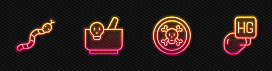 Set line Bones and skull, Snake, Mortar pestle and Drop of mercury. Glowing neon icon. Vector