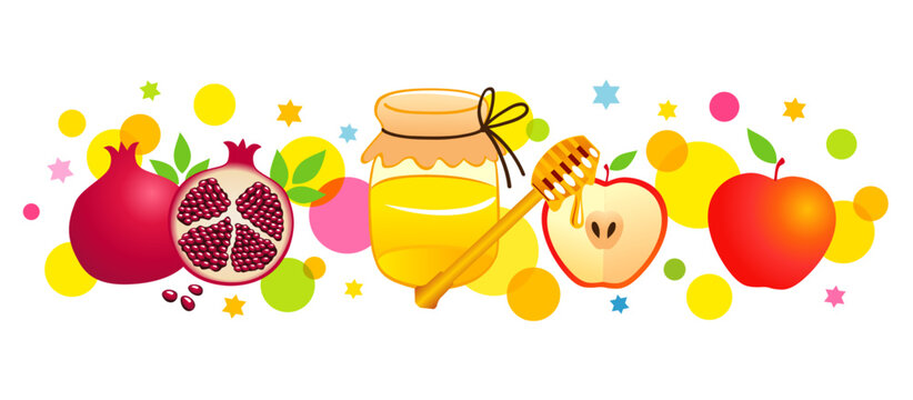 Set of Shana Tova traditional food - pomegranates, apple, honey and colored circles. Rosh Hashanah, jewish holiday Happy New Year. Vector illustration fruit symbols