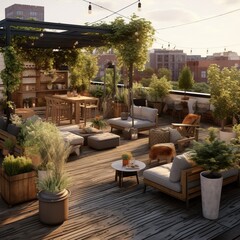 Fototapeta na wymiar Craft a minimalist urban rooftop garden with lush greenery and comfortable seating areas