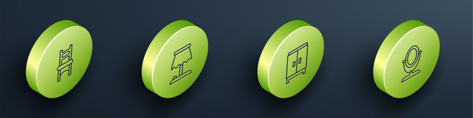 Set Isometric line Chair, Table lamp, Wardrobe and Round makeup mirror icon. Vector