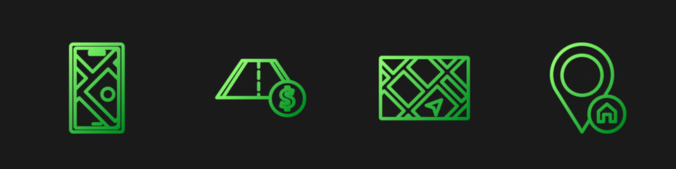 Set line Gps device with map, City navigation, Toll road traffic and Location house. Gradient color icons. Vector