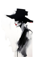 Retro red black and white artistic painting of an elegant fashion woman model sketch