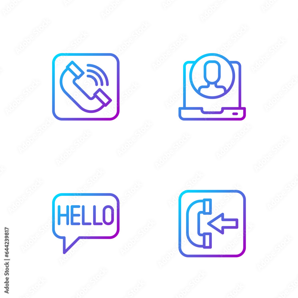 Poster set line incoming call phone, hello different languages, telephone handset and 24 hours support. gra