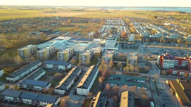 Top view of apartment condos in Linkoping city, Sweden. Family housing in quiet neighborhood. Real estate development in scandinavian suburbs