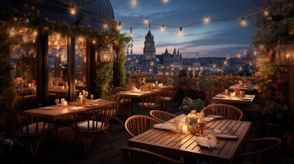 Fototapeta na wymiar Craft an image highlighting the ambiance of an open-air rooftop restaurant with panoramic city views, candlelit tables, and a trendy atmosphere