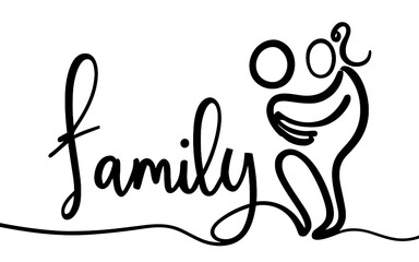 One Line continuous drawing of text "family" and a Mother holding a baby, transparent background. Image created using artificial intelligence.