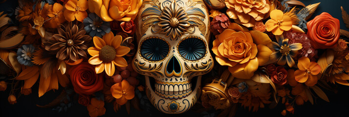Sugar skull with flowers on Background