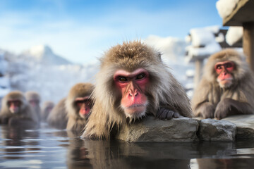  a group of monkeys perched on a rock near a serene body of water