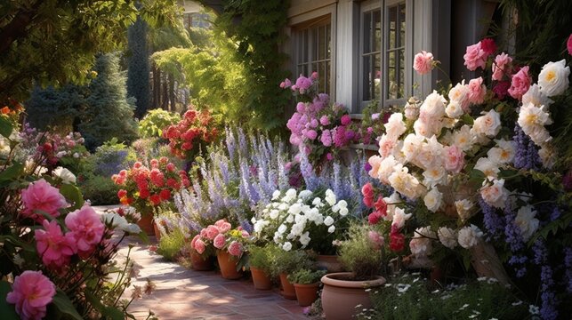 "Craft an image that highlights the charm of a cottage garden, with a mix of roses, daisies, and lavender in a rustic setting