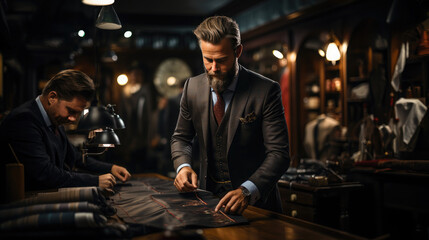 Obraz premium Generative AI, a tailor in an expensive suit sews a jacket to order for a client, an elite sewing workshop, a luxury clothing store, a businessman at work, a man takes measurements, fabric, salon