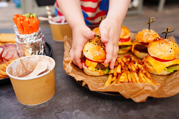 french fries and Mini burgers for a children's party or picnic. 