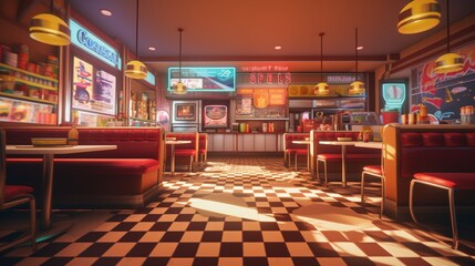 Craft an image that showcases the atmosphere of a retro diner, with neon signs, checkered floors, and classic diner booths