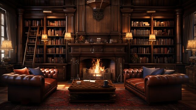 Craft an image that showcases the elegance of a classic library with rich wooden bookshelves, leather-bound books, and a cozy fireplace