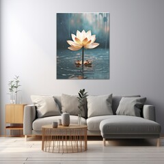  a minimalist artwork featuring monsoon rain falling on a single lotus flower in a serene pond