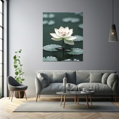 Create a minimalist artwork featuring monsoon rain falling on a single lotus flower in a serene pond