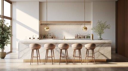Create an elegant composition showcasing a minimalist restaurant bar with a polished marble counter, designer stools, and a row of premium liquors