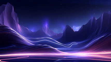 Rolgordijnen Create an elegant composition of an abstract digital landscape with futuristic elements, glowing lines, and a sense of depth © Muhammad