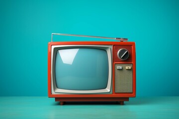 Red retro television set on a blue backdrop. Generative AI