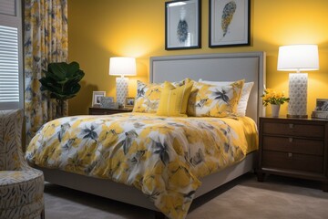 Elegant bedroom showcasing vibrant yellow flowers. Generative AI