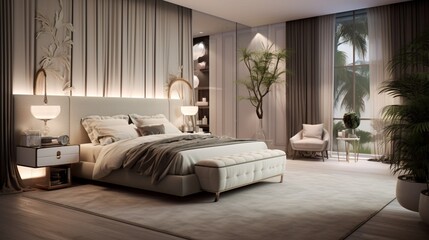  a cozy bedroom with a plush king-size bed, soft lighting