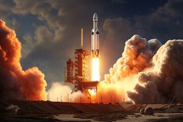 Digital illustration of SpaceX Falcon 9 rocket and capsule launching, with elements from NASA. Generative AI