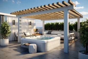 3D white pergola with jacuzzi and barbecue on an urban patio. Generative AI - obrazy, fototapety, plakaty