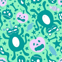 Halloween cartoon pumpkins seamless cat and skulls and ghost pattern for wrapping paper and fabrics and kids