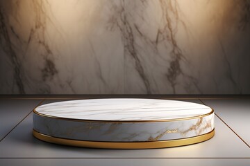 3d rendered Stage podium on the floor, product display mock up with modern backdrops studio, White marble gold Empty pedestal or podium Platforms for product presentation
