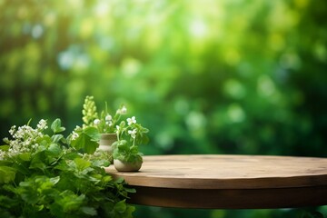 Morning garden scene: green table, bokeh backdrop, blurry light. Generative AI