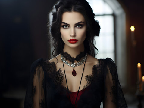 Attractive woman in vampire costume with beautiful make up
