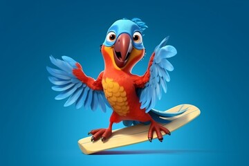 Cartoon parrot surfing on surfboard. Cartoon parrot with surfboard. Cartoon character . 3D Illustration
