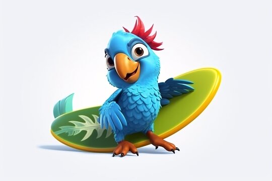 Cartoon parrot surfing on surfboard. Cartoon parrot with surfboard on white background. Cartoon character . 3D Illustration